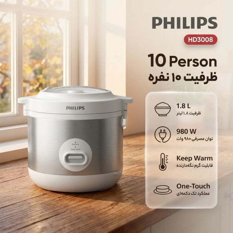 پلوپز چند کاره فیلیپس مدل HD3008 ظرفیت ۱.۸ لیتر برای ۱۰نفر